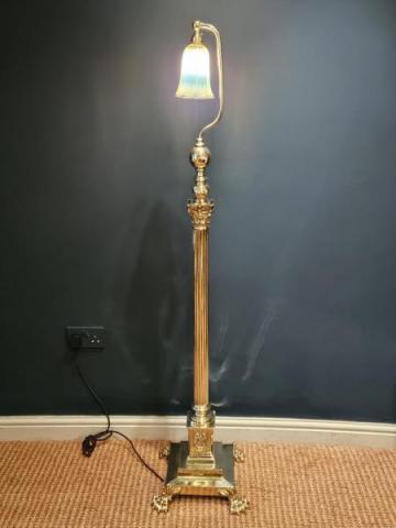 Antique Superb Victorian Brass Lamp Standard with Vaseline Glass Shade at Sturmans Antiques lamps for sale