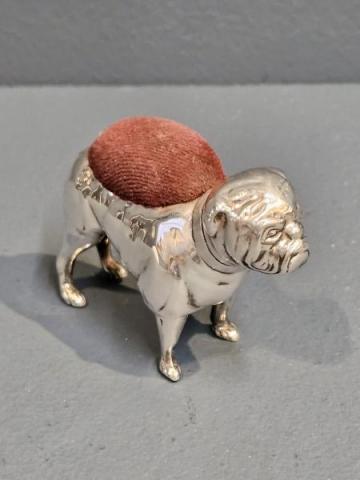 Antique Edwardian Silver Bull Dog Pin Cushion at Sturmans Antiques silver for sale