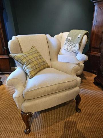 Antique Pair of Victorian Cream Linen Wing Back Arm Chairs at Sturmans Antiques furniture for sale