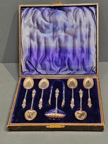 Antique Silver Tea Spoons with Strainer and Tongs by William Devenport of Birmingham at Sturmans Antiques silver for sale