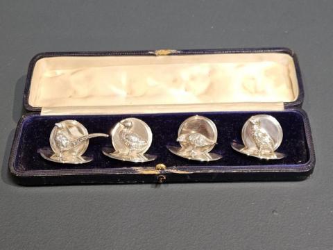 Antique Set of Four Edwardian Silver Grouse Menu Holders by George Brace & Co of London at Sturmans Antiques silver for sale