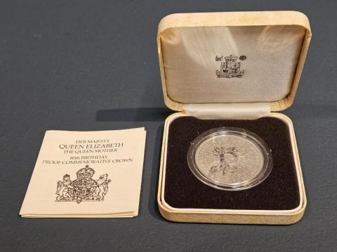925 Silver Queen Mother Commemorative Crown Coin at Sturmans Antiques silver for sale