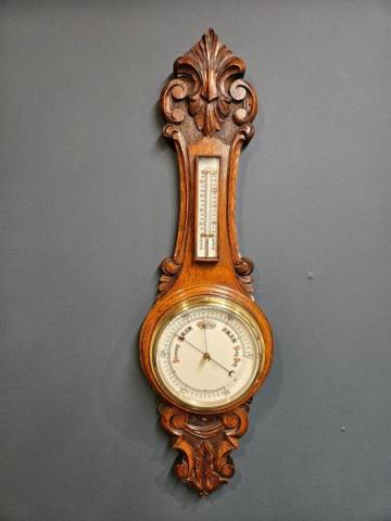 Antique Compact Victorian Carved Oak Banjo Barometer at Sturmans Antiques barometer for sale