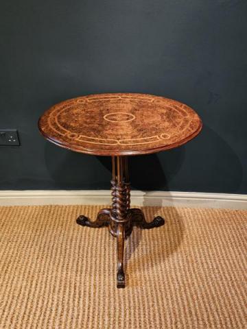 Antique Mid Victorian Inlaid Burr Walnut Tripod Table at Sturmans Antiques furniture for sale