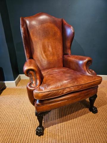 Antique Leather Wing Back Arm Chair at Sturmans Antiques furniture for sale