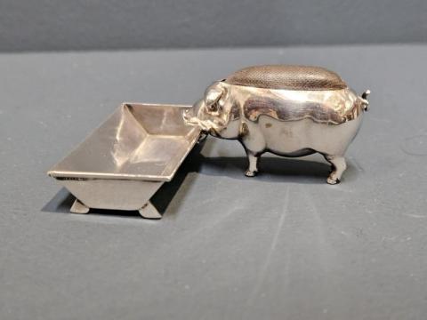 Antique Rare Silver Pig and Trough Pin Cushion and Needle Tray at Sturmans Antiques silver for sale