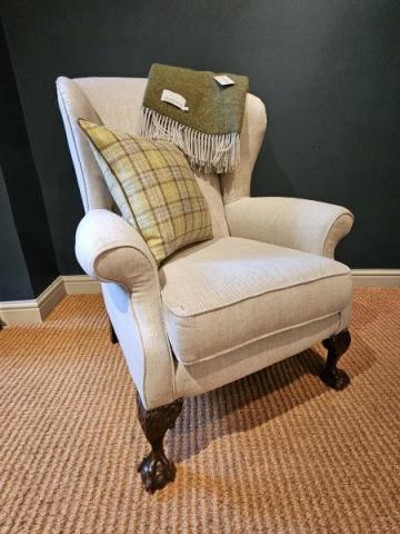 Antique Edwardian Cream Linen Wing Back Arm Chair at Sturmans Antiques upholstery for sale