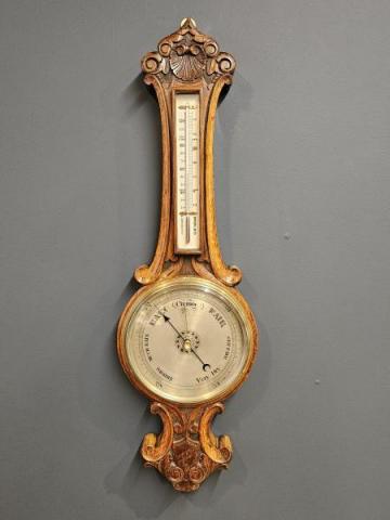 Antique Victorian Carved Oak Silvered Dial Banjo Barometer at Sturmans Antiques barometer for sale