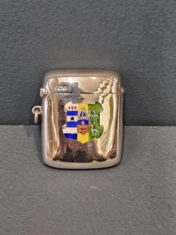 Silver & Enamel Vesta with Lincoln College Oxford Crest by John William Barrett of Chester at Sturmans Antiques silver for sale