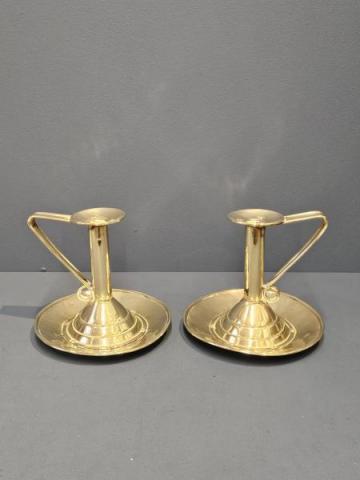 Antique Superb Matching Pair of Arts and Crafts Brass Chambersticks at Sturmans Antiques metalware for sale