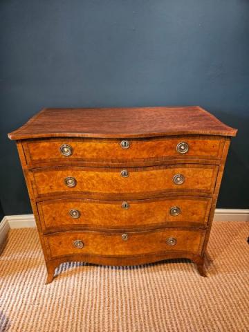 Antique Regency Birds Eye Maple Serpentine Front Chest of Drawers at Sturmans Antiques furniture for sale
