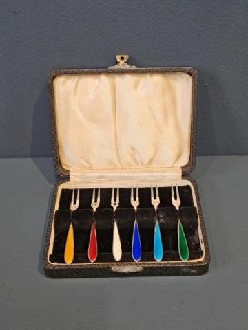 Antique Set of 6 Silver and Enamel Hors D'oeuvre Forks at Sturmans Antiques silver for sale