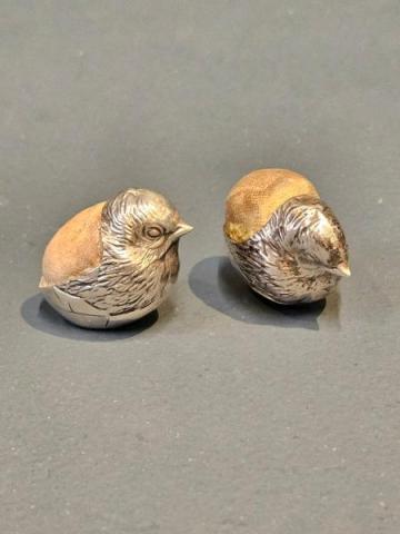 Antique Pair of Sampson Mordan of Chester Silver Hatching Chick Pin Cushions by Sturmans Antiques silver for sale
