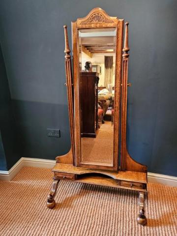 Antique Unusual Edwardian Oak Cheval Mirror at Sturmans Antiques mirror for sale