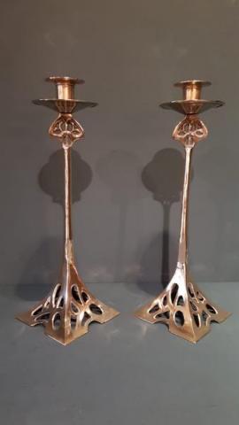 Antique Pair of Solid Brass Art Nouveau Candlesticks